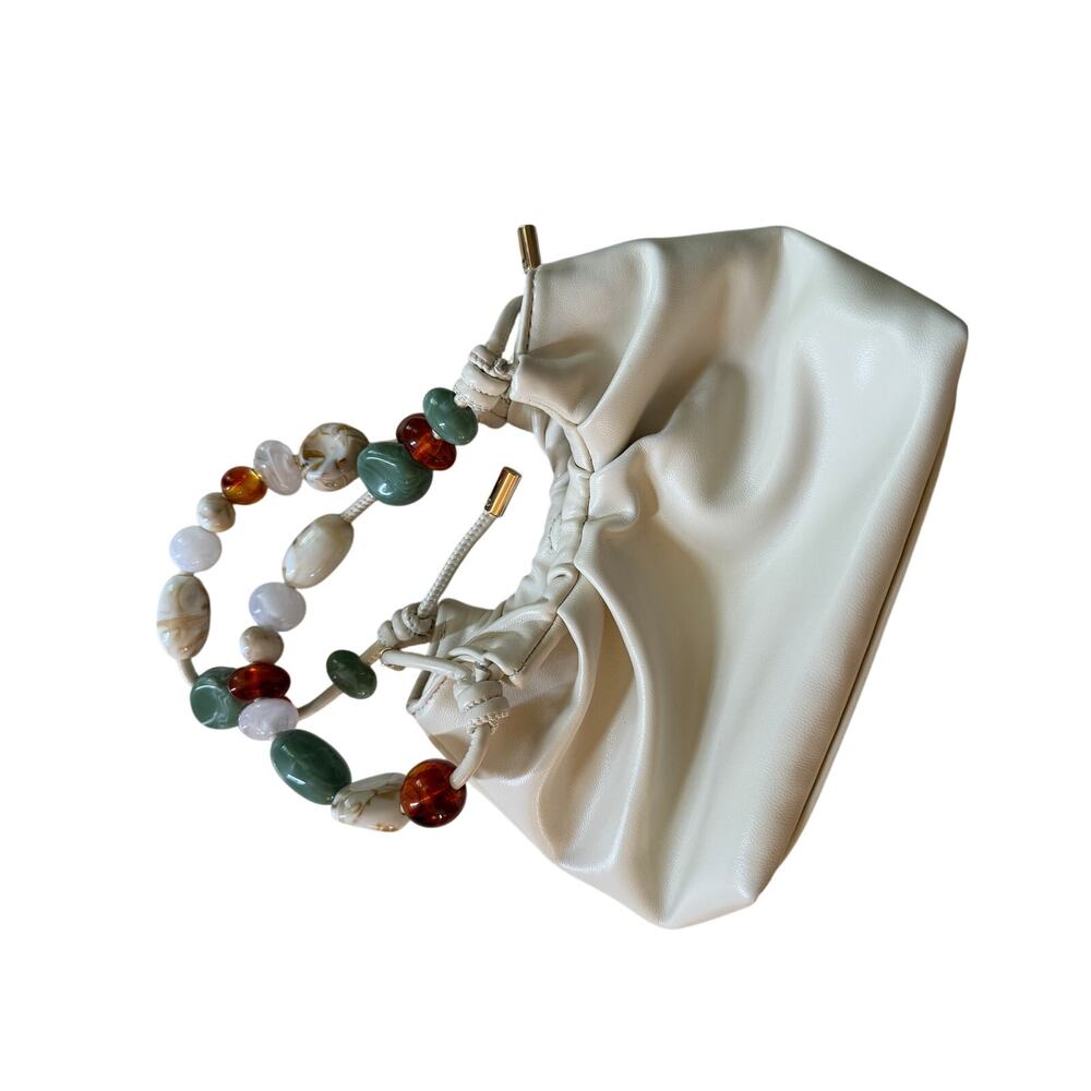 Urban Expressions Cream Faux Leather Beaded Drawstring Shoulder Bag Crossbody
